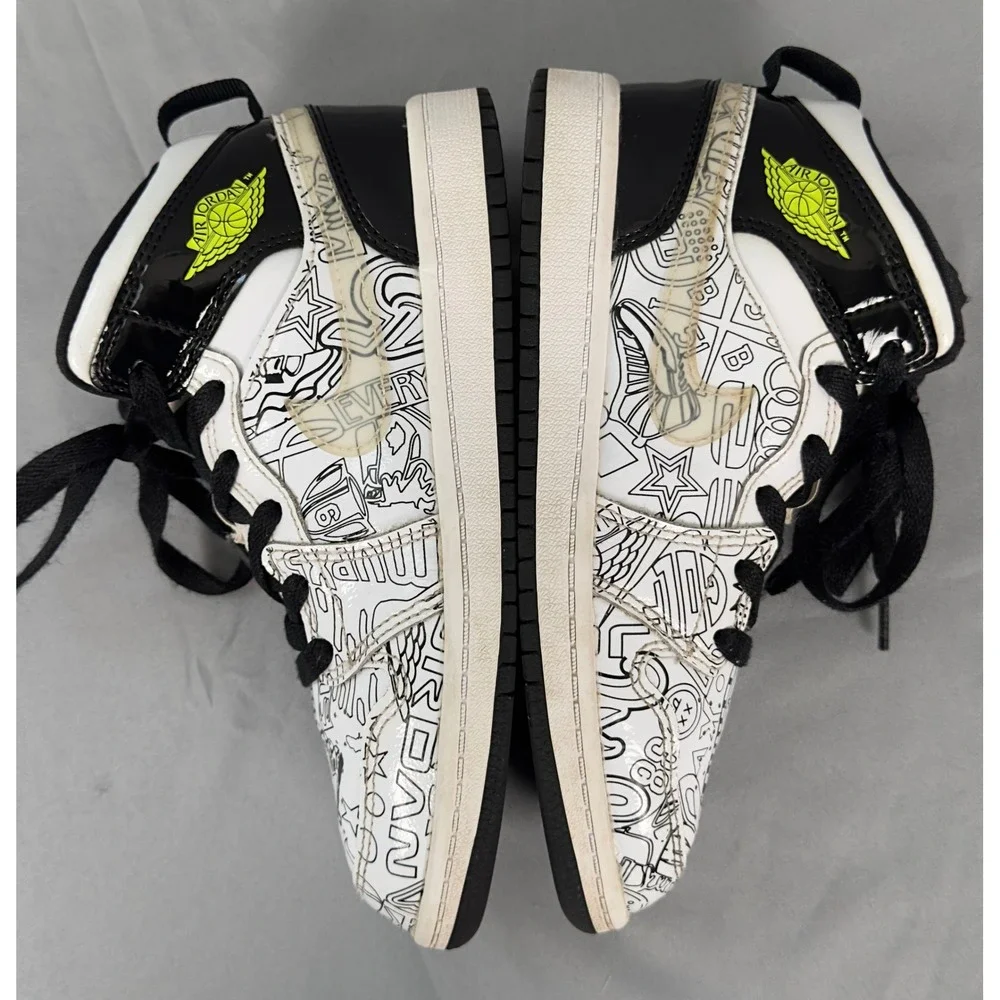 Jordan 1 Mid DIY Kids Shoes Black White Volt DC4098-100 Size 1Y